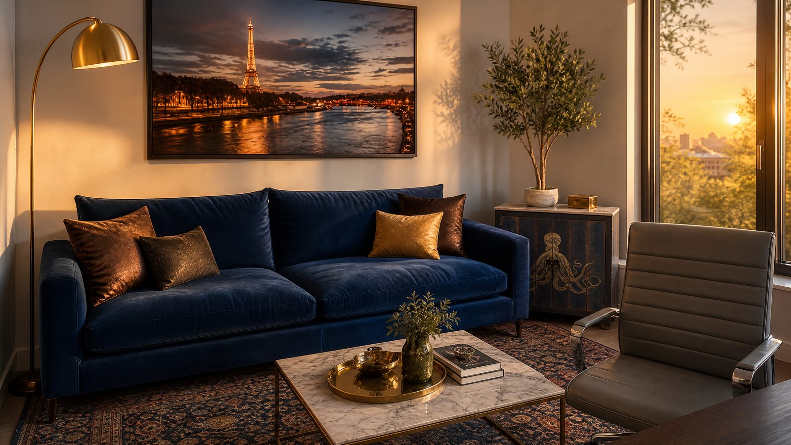 Navy velvet sofa glowing at sunset — a pop color in action