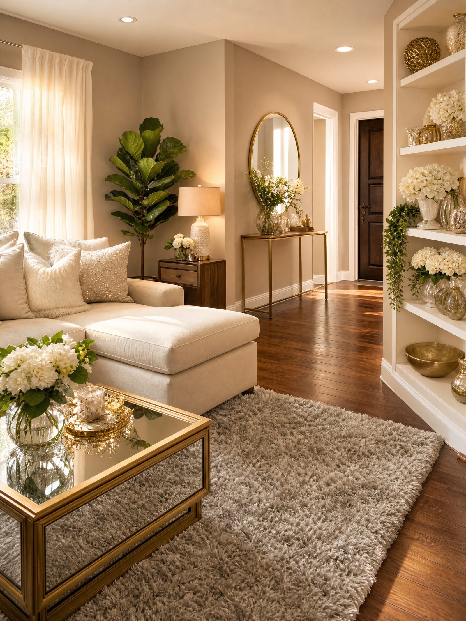Styled lounge with gold decor, mirrored table, and curated shelves